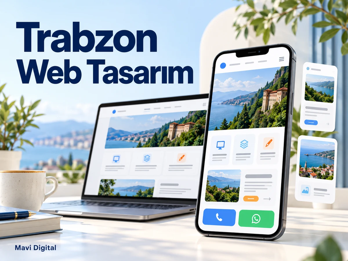 Trabzon Web Tasarım başlığıyla telefonda arama ve mesaj düğmeleri bulunan örnek web sitesi