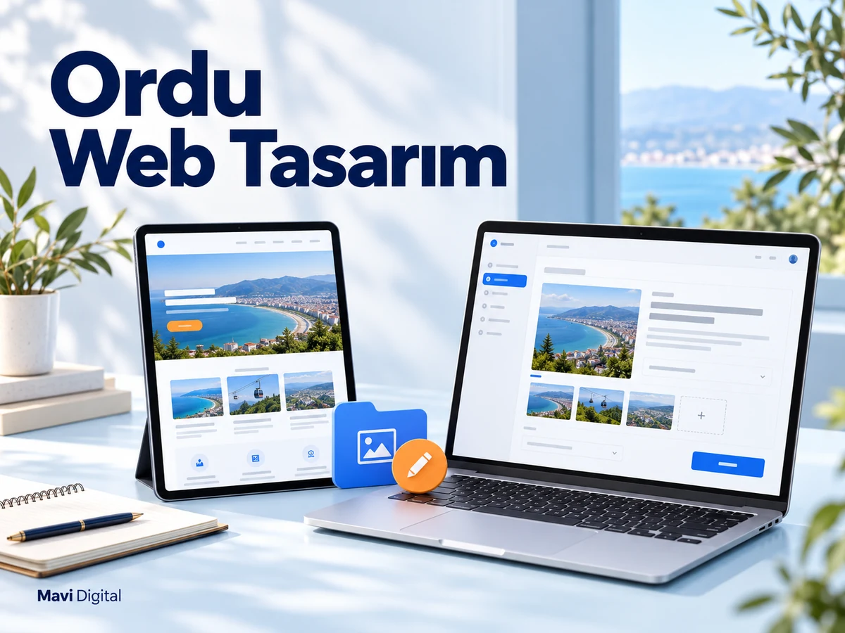 Ordu Web Tasarım başlığıyla dizüstü bilgisayarda içerik düzenleme ekranı ve tablette örnek site