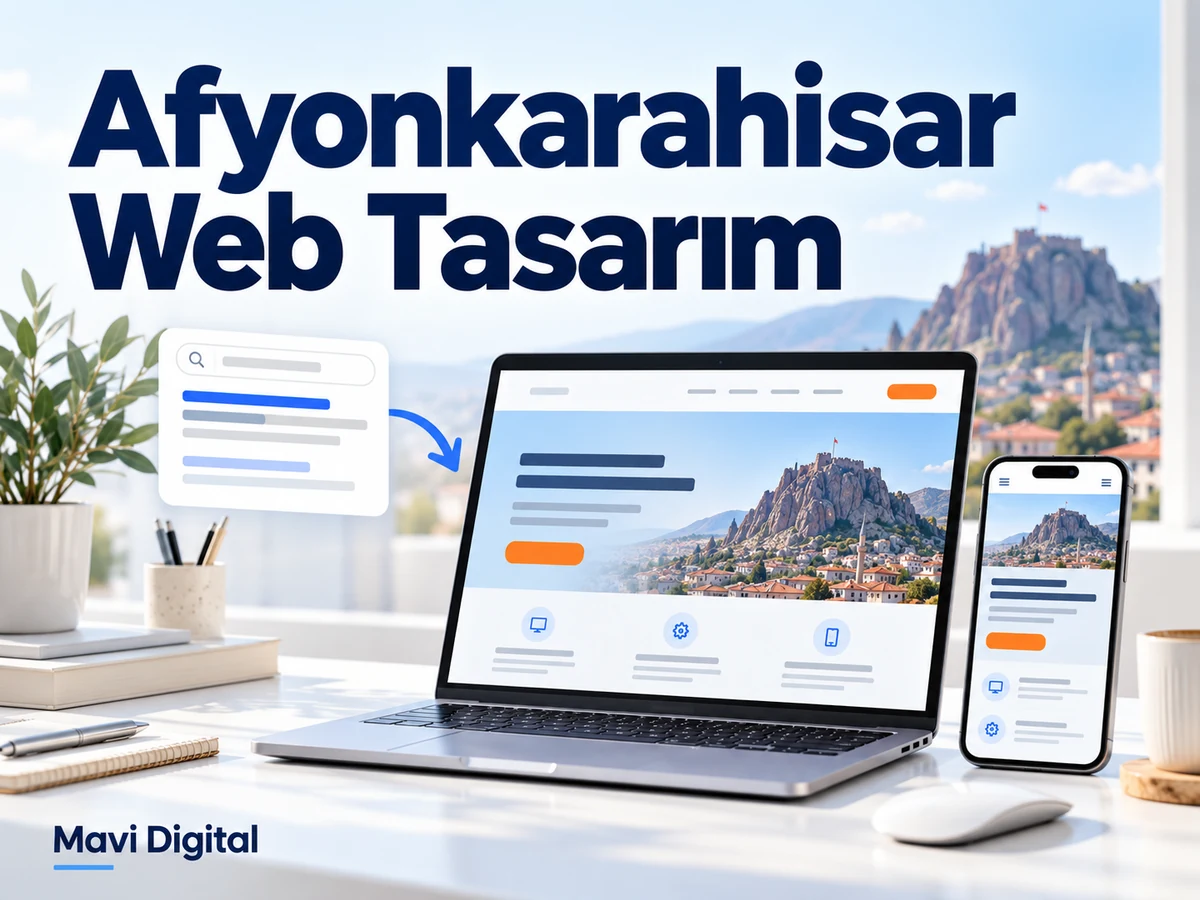 Afyonkarahisar Web Tasarım başlığıyla arama kartından bilgisayar ve telefondaki örnek hizmet sayfasına geçiş