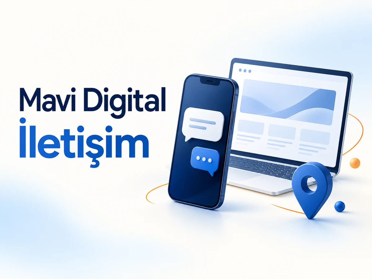 Mavi Digital İletişim yazısı, telefon, dizüstü bilgisayar ve simgesel konum işareti bulunan mavi tonlarda illüstrasyon