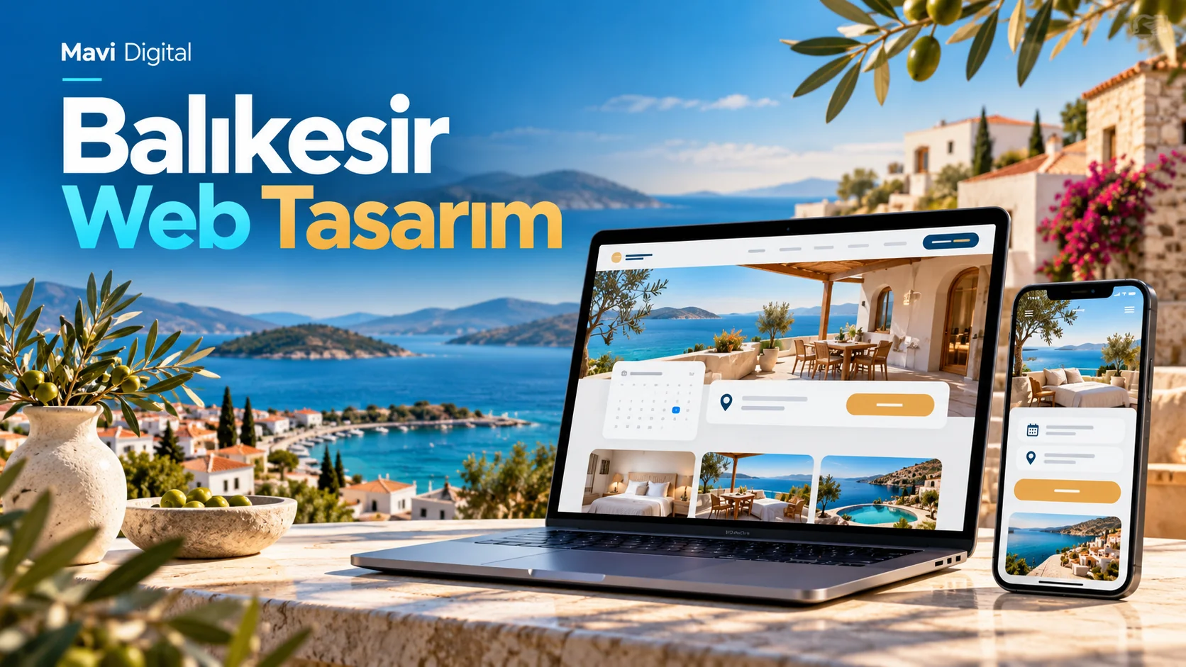 Balıkesir web tasarım için kıyı ve zeytin temalı dizüstü bilgisayar ve mobil site görseli
