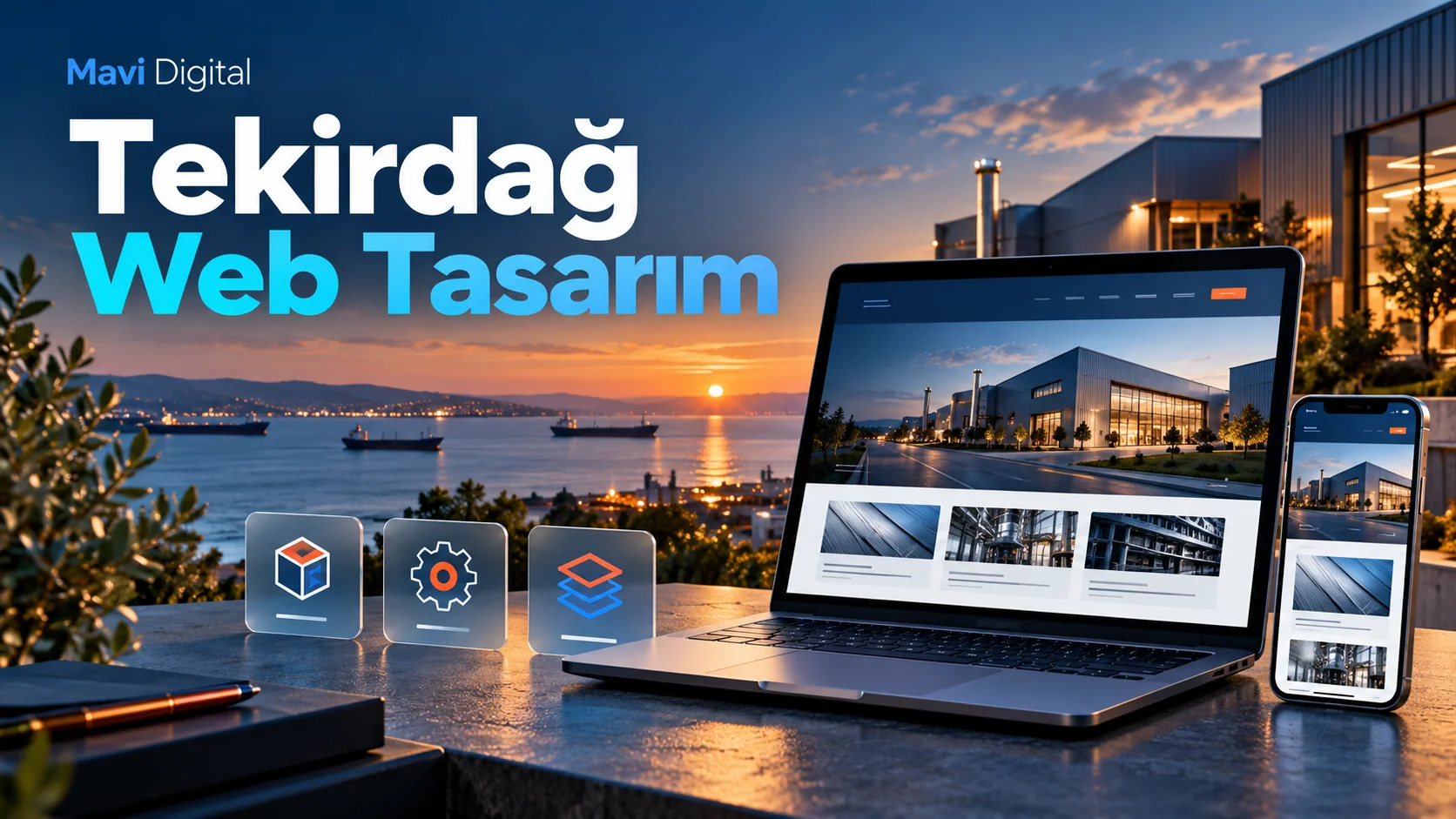 Tekirdağ web tasarım için sanayi ve kıyı temalı bilgisayar ile mobil kurumsal site görseli