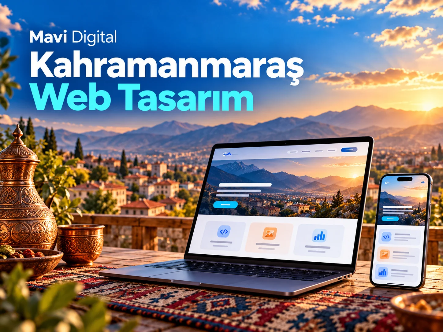 Kahramanmaraş web tasarım için dağ ve bakır işçiliği temalı bilgisayar ile mobil site görseli