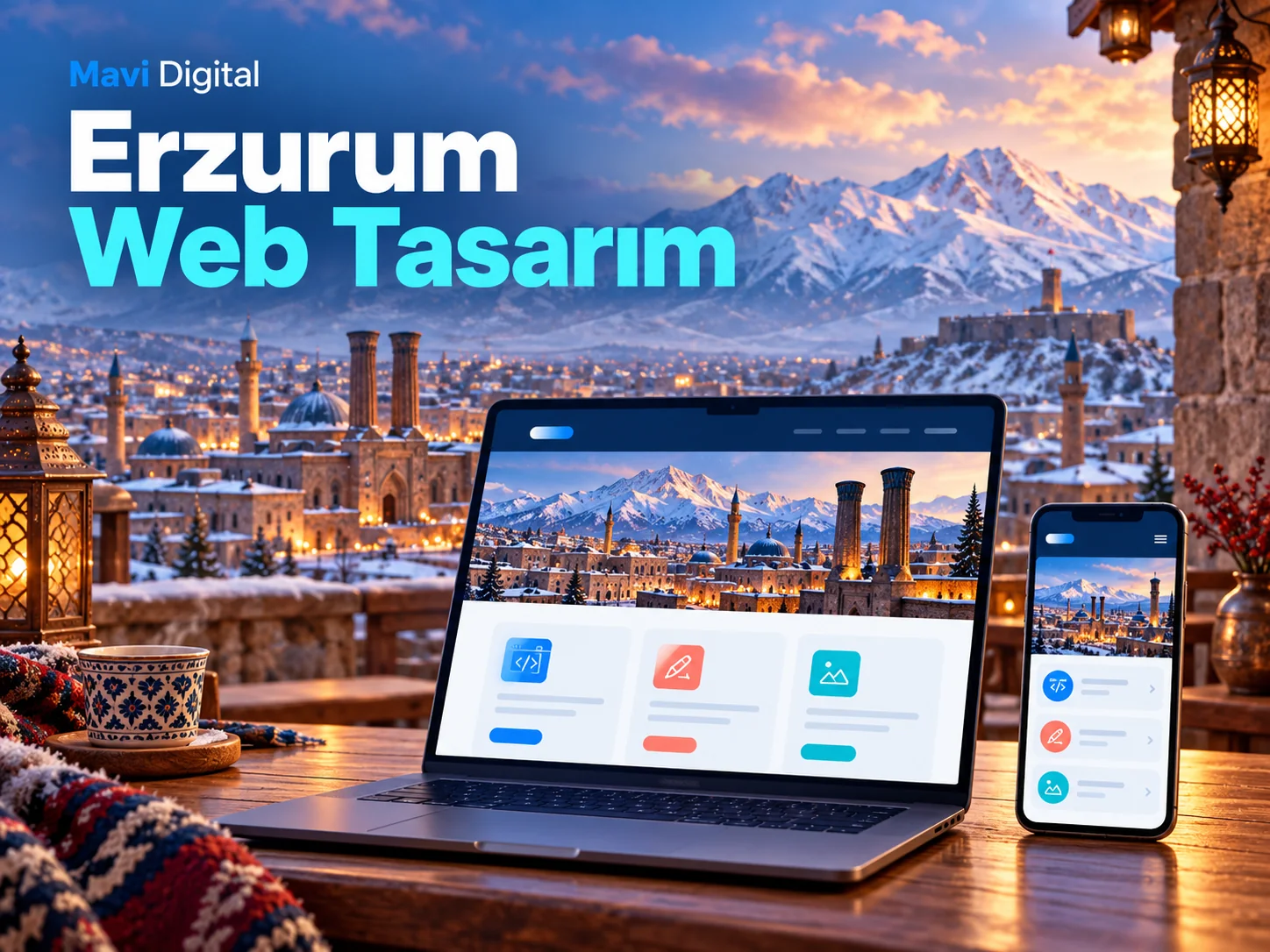 Erzurum web tasarım için karlı dağ ve şehir temalı bilgisayar ile mobil web sitesi görseli