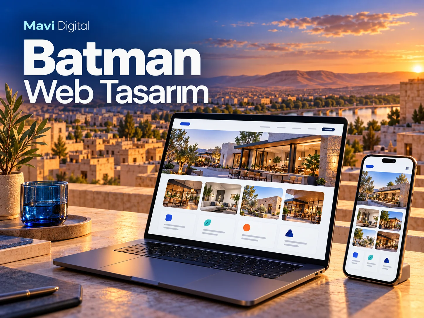 Batman web tasarım için sıcak şehir manzarası önünde bilgisayar ve telefonda proje galerisi