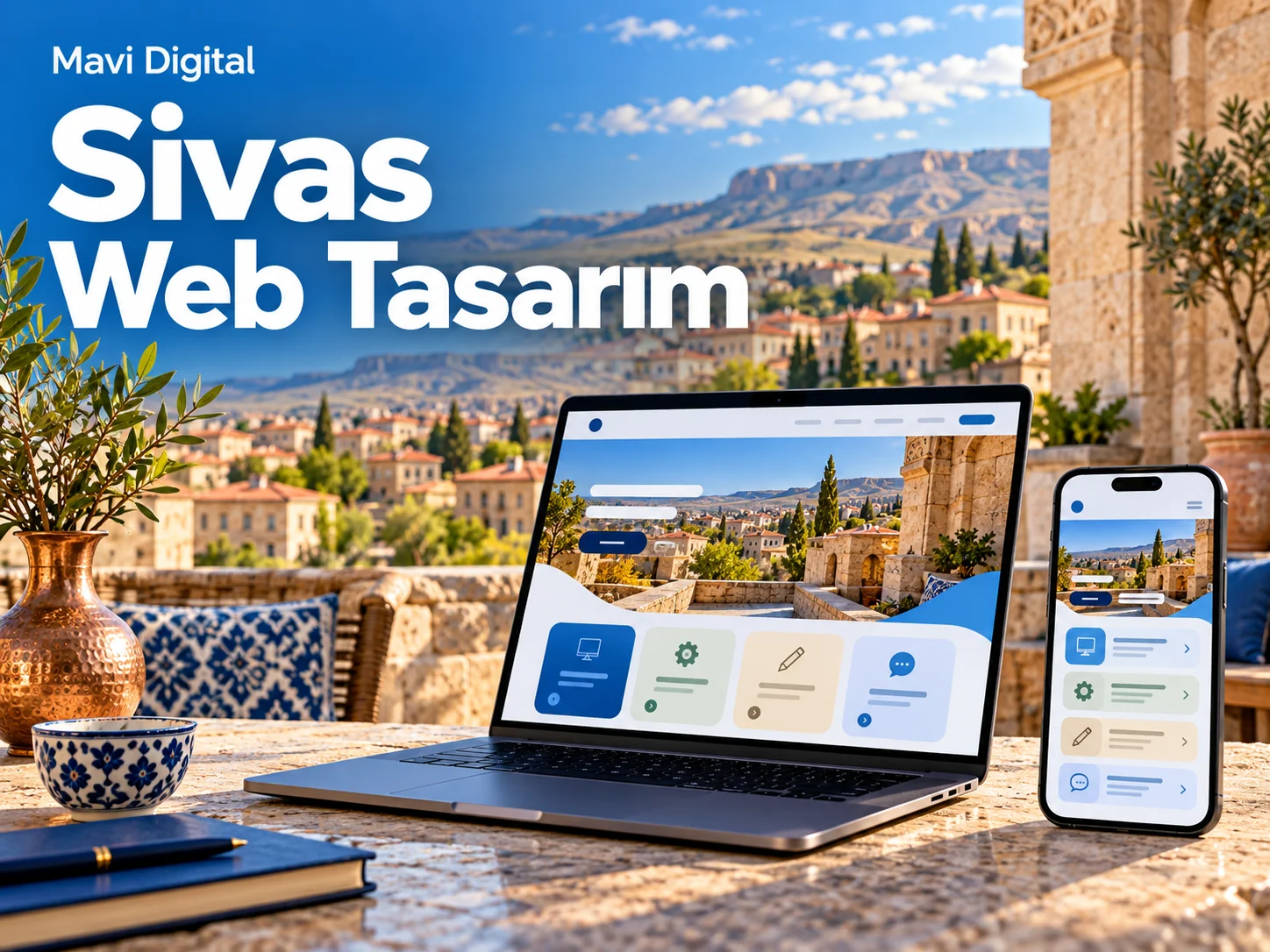 Sivas web tasarım için taş avlu ve şehir temalı bilgisayar ile mobil hizmet sitesi görseli