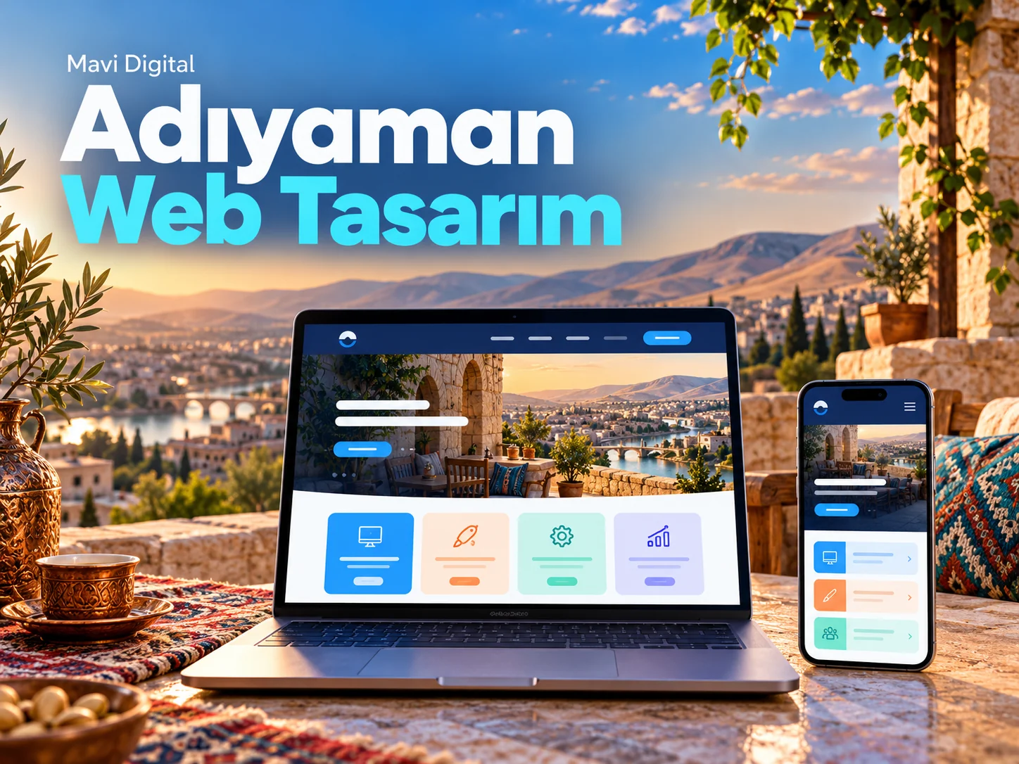 Adıyaman web tasarım için sıcak taş teras ve şehir temalı bilgisayar ile mobil site görseli