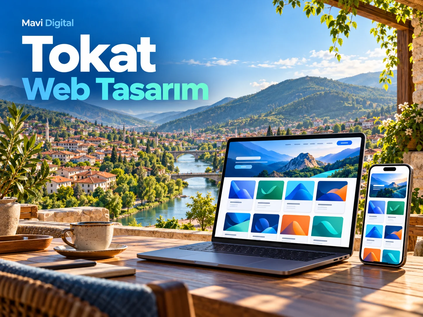 Tokat web tasarım için yeşil vadi manzarası önünde dizüstü bilgisayar ve telefon illüstrasyonu