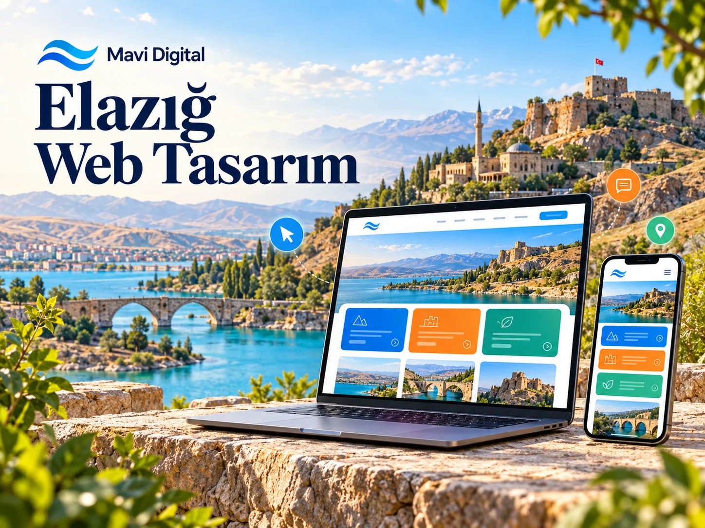 Elazığ web tasarım kapağında temsili göl ve kale manzarası önünde dizüstü bilgisayar ve telefon