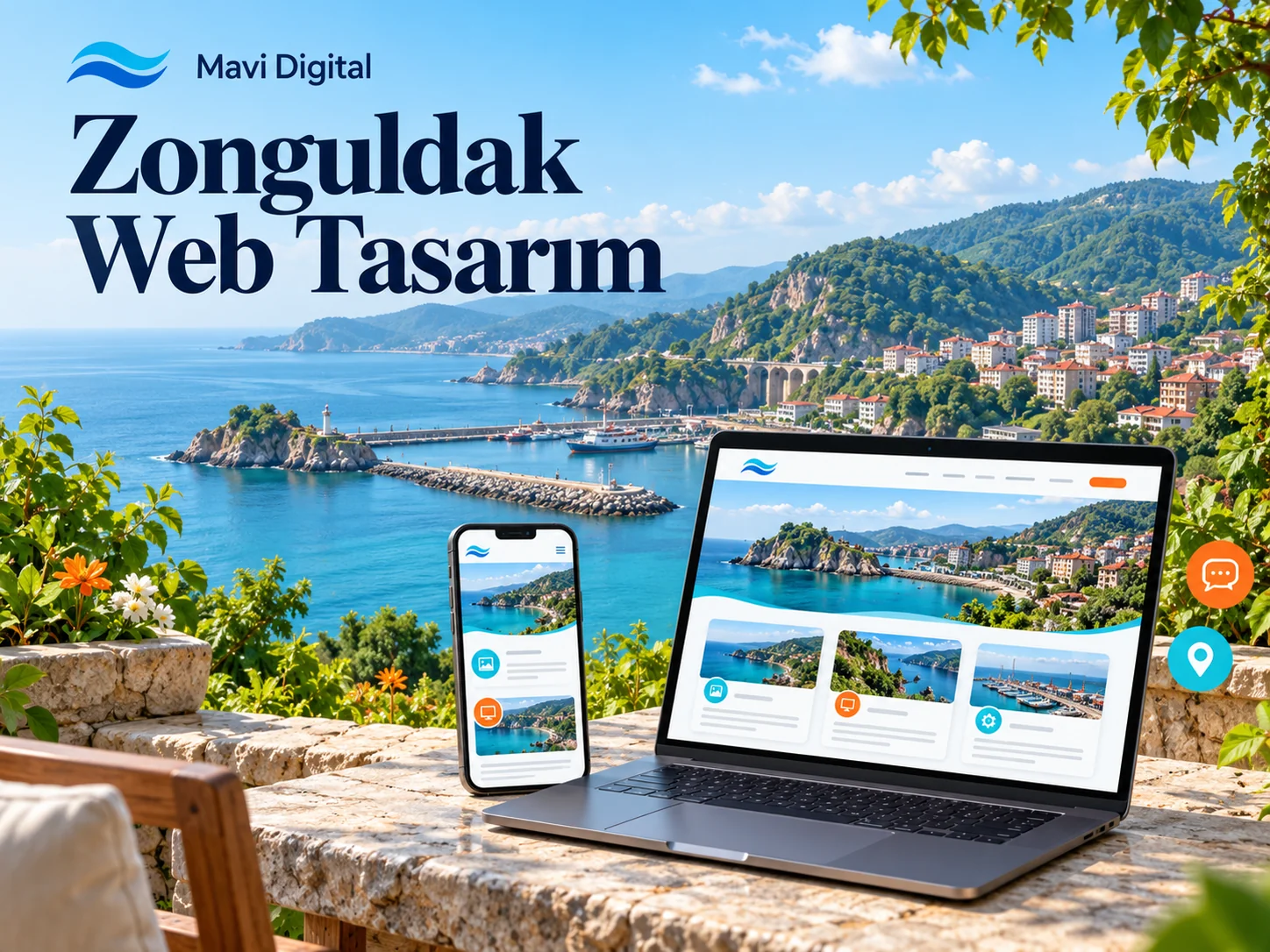 Zonguldak web tasarım kapağında temsili Karadeniz kıyısı önünde web sitesi gösteren bilgisayar ve telefon