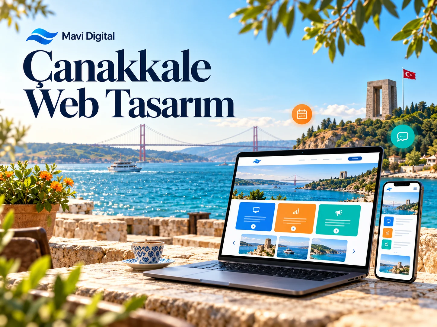 Çanakkale web tasarım kapağında temsili boğaz ve köprü manzarası önünde dizüstü bilgisayar ve telefon