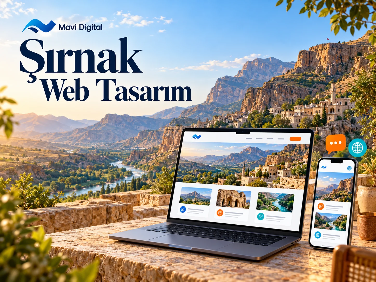 Şırnak web tasarım kapağında temsili dağ ve vadi manzarası önünde dizüstü bilgisayar ve telefon