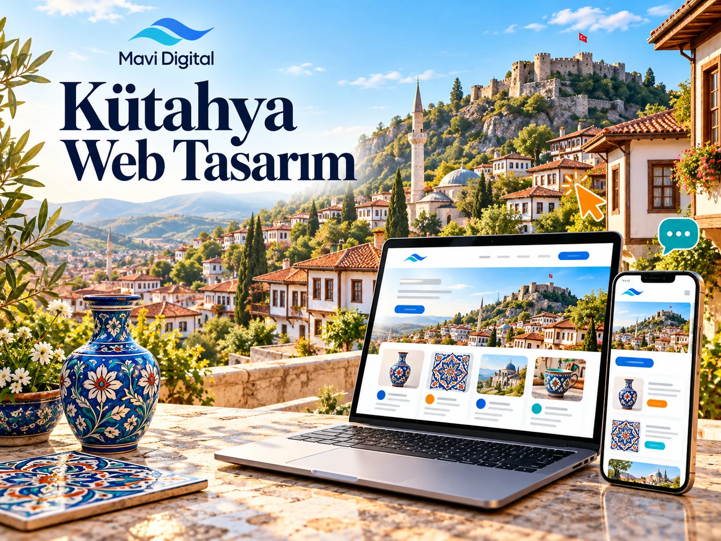 Kütahya web tasarım kapağında temsili tarihi kent manzarası ve çini objeler yanında bilgisayar ve telefon