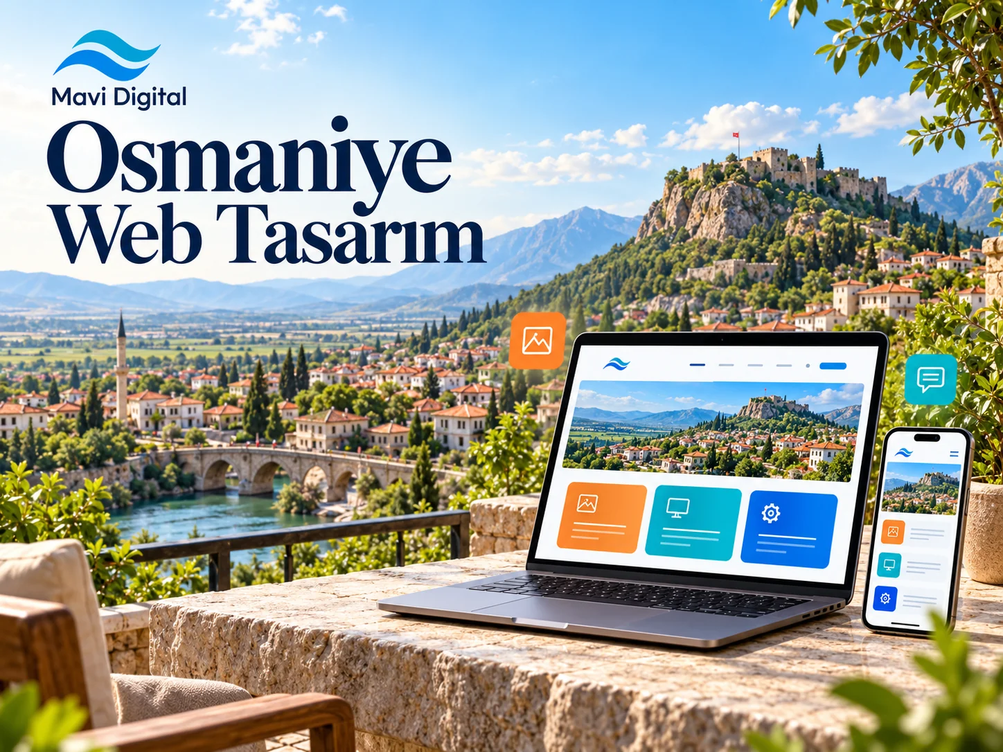 Osmaniye web tasarım kapağında temsili yeşil vadi ve kale manzarası önünde dizüstü bilgisayar ve telefon