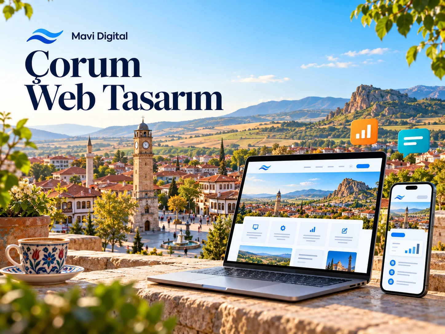 Çorum web tasarım kapağında temsili kent ve saat kulesi manzarası önünde dizüstü bilgisayar ve telefon